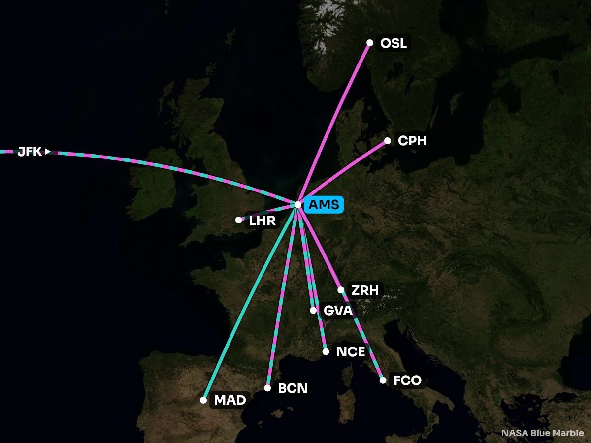 Map of the 10 busiest nonstops from Amsterdam, coloured by the better side
