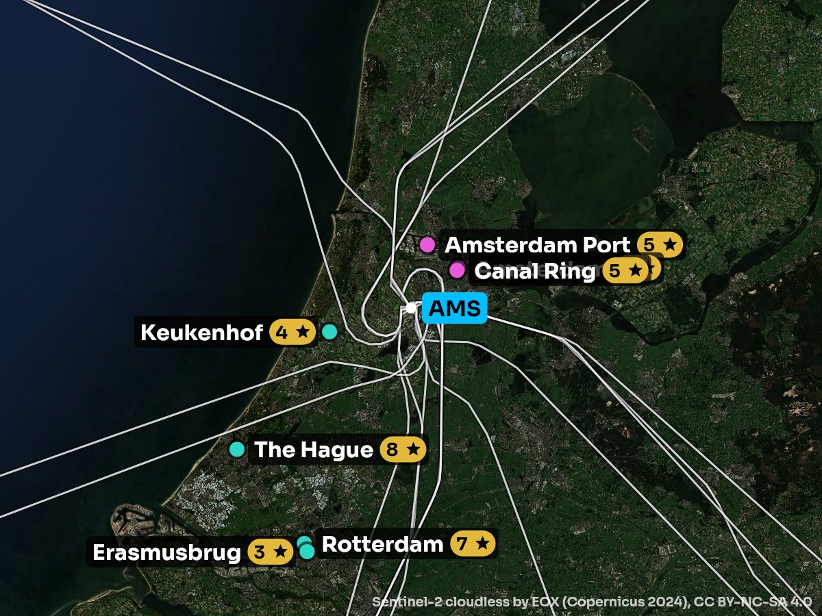 Satellite map of the climb out of Amsterdam with the sights on each side