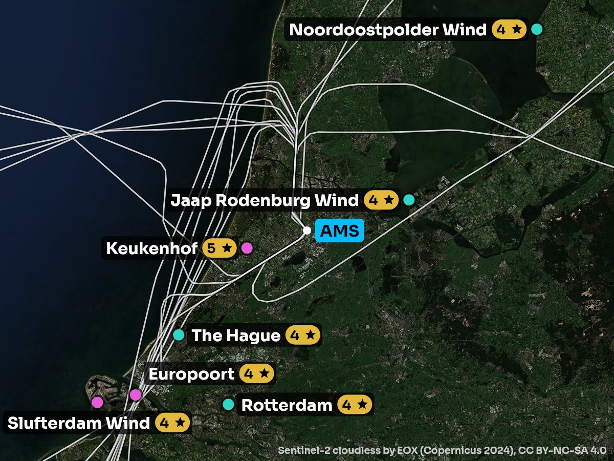 Satellite map of the approach into Amsterdam with the sights on each side