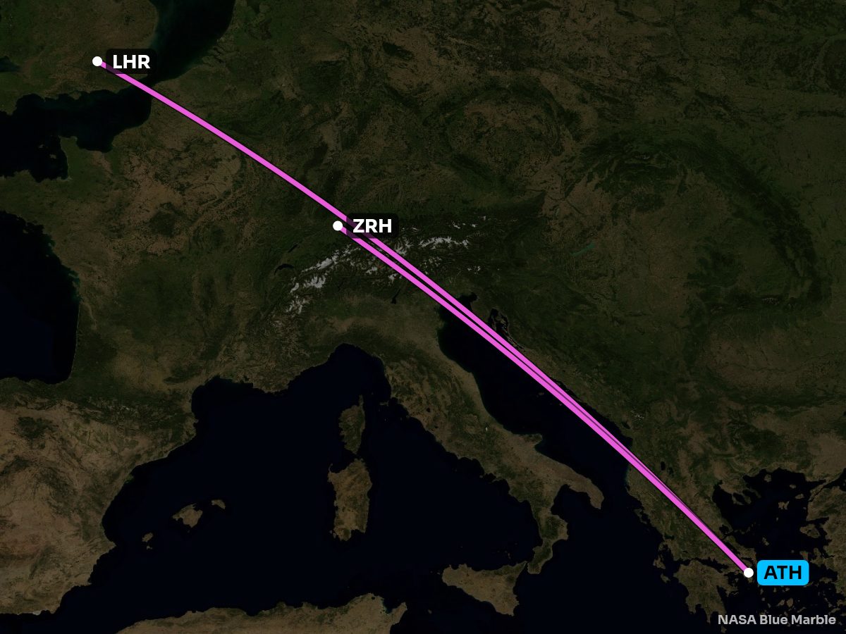 Map of every nonstop from Athens, coloured by the better side