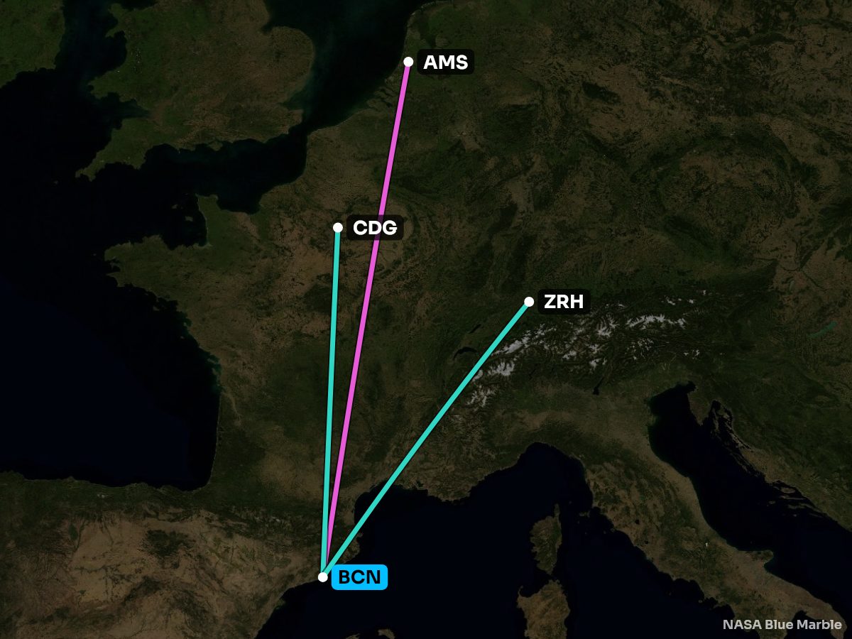 Map of every nonstop from Barcelona, coloured by the better side