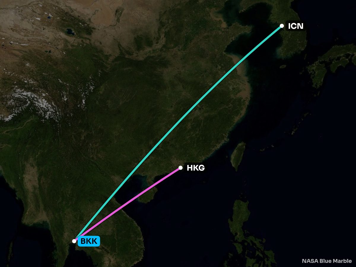 Map of the 10 busiest nonstops from Bangkok, coloured by the better side