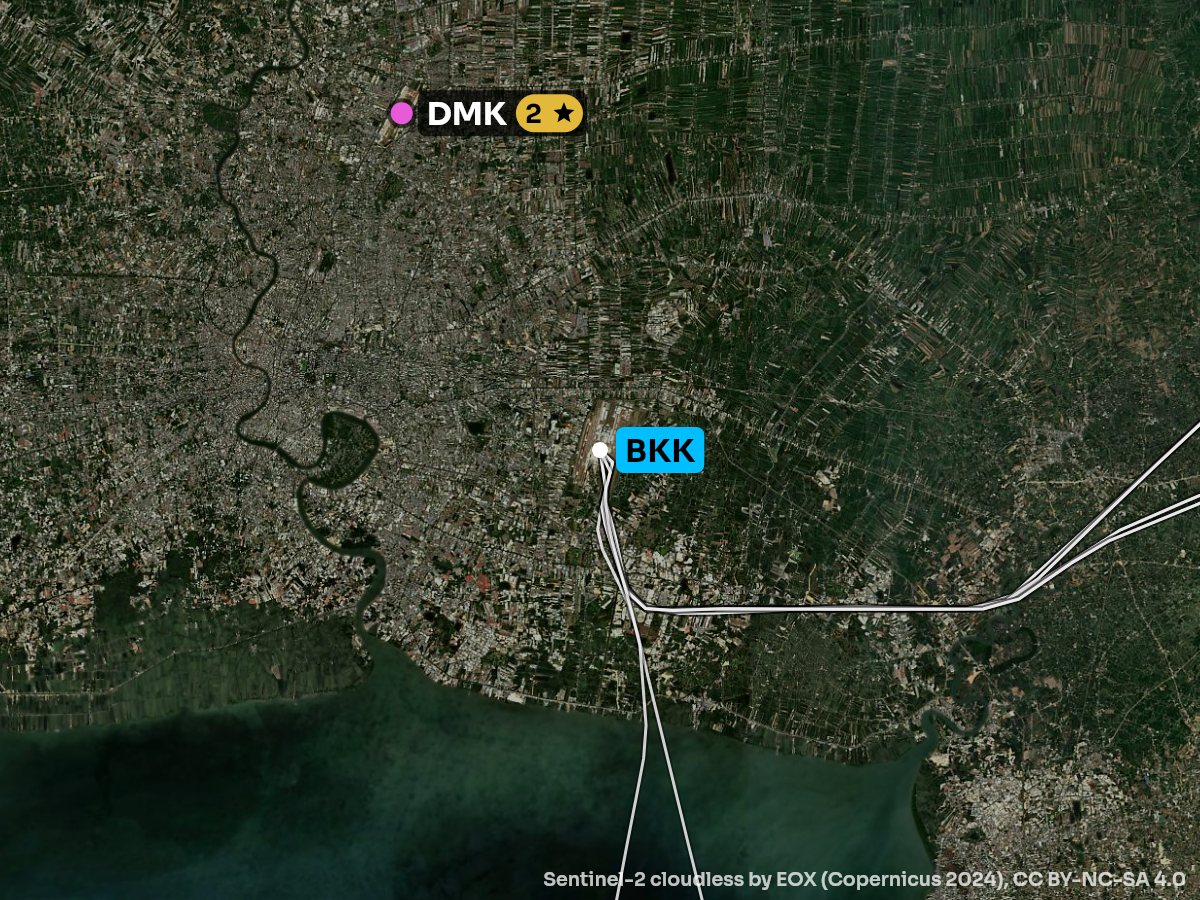 Satellite map of the climb out of Bangkok with the sights on each side