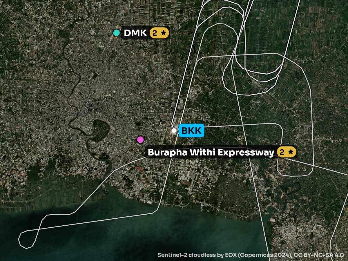 Satellite map of the approach into Bangkok with the sights on each side