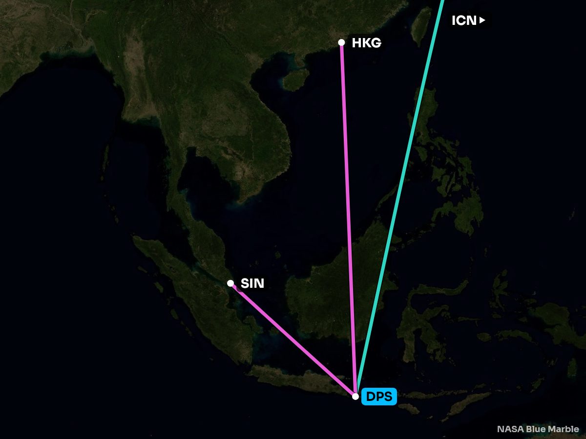 Map of the 10 busiest nonstops from Denpasar-Bali Island, coloured by the better side
