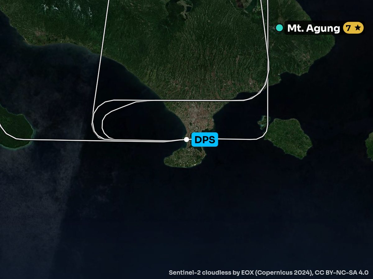 Satellite map of the climb out of Denpasar-Bali Island with the sights on each side
