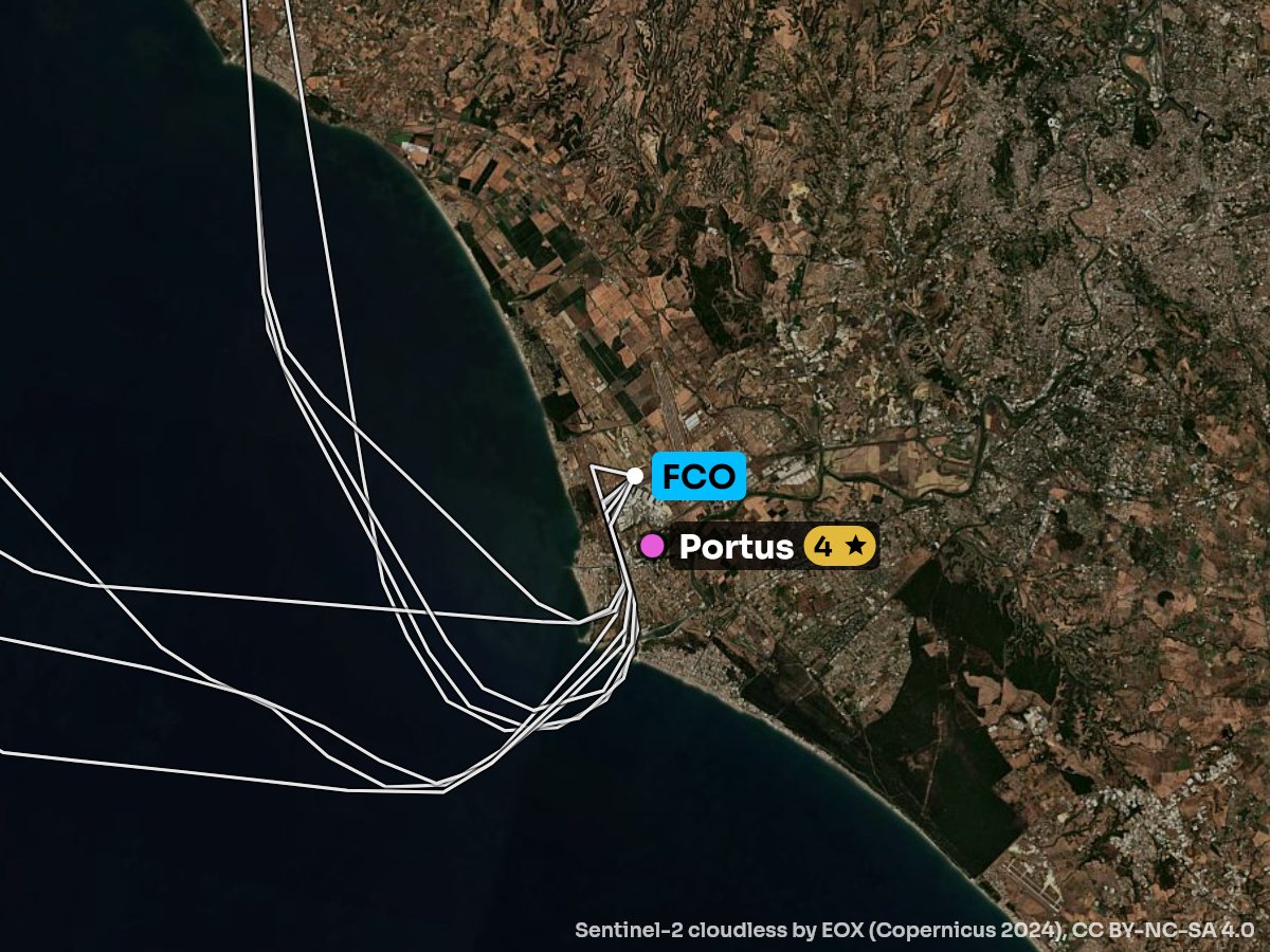 Satellite map of the climb out of Rome with the sights on each side