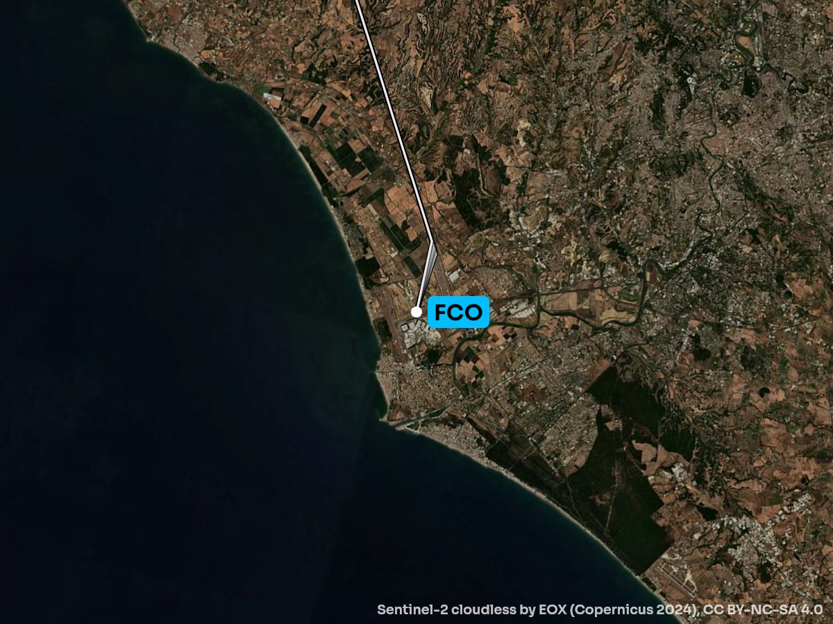 Satellite map of the approach into Rome with the sights on each side