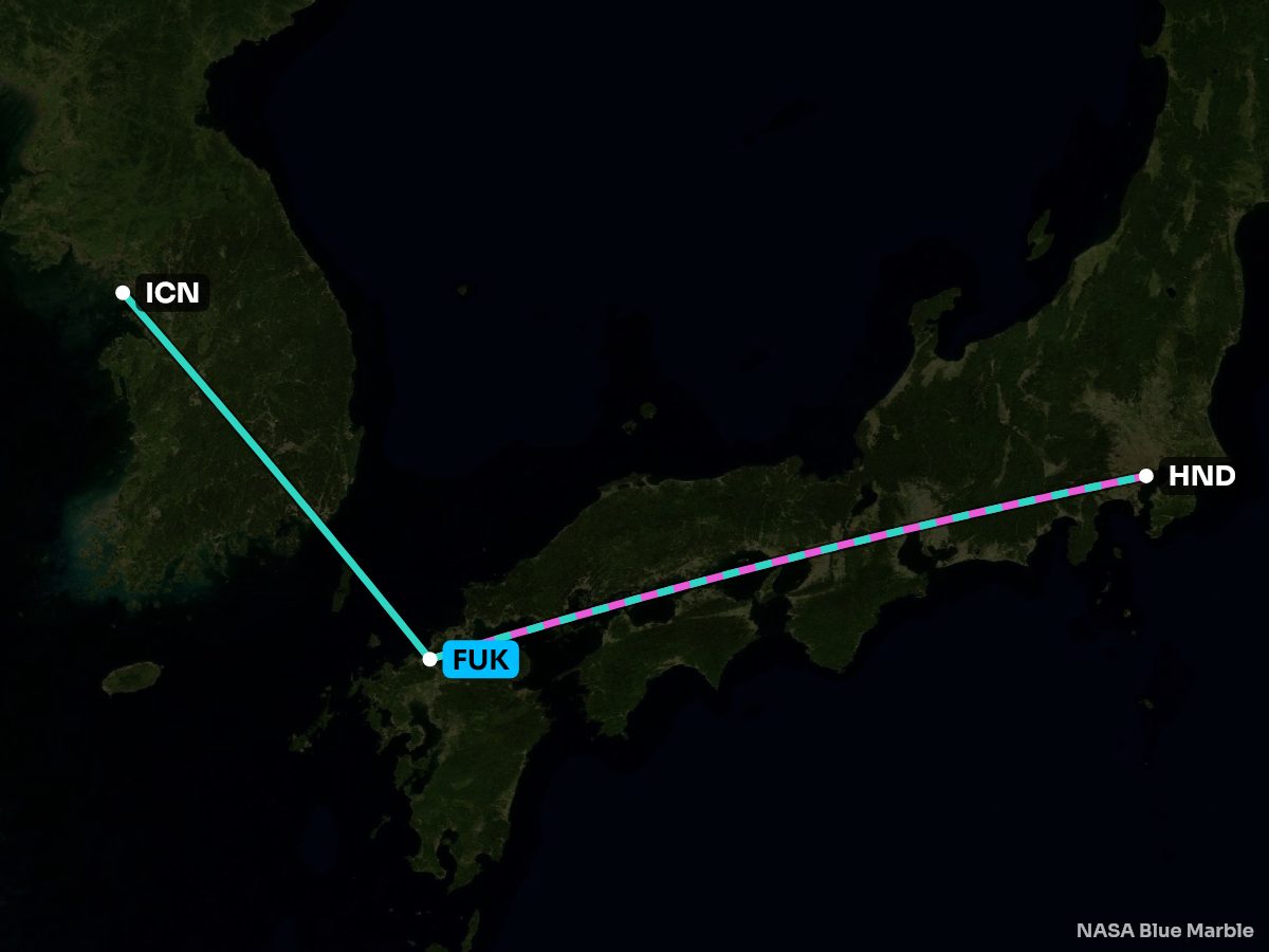 Map of the 10 busiest nonstops from Fukuoka, coloured by the better side