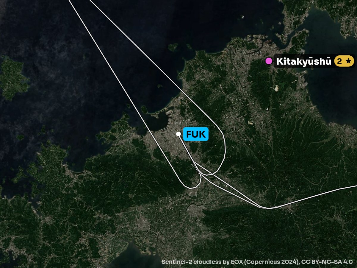Satellite map of the climb out of Fukuoka with the sights on each side