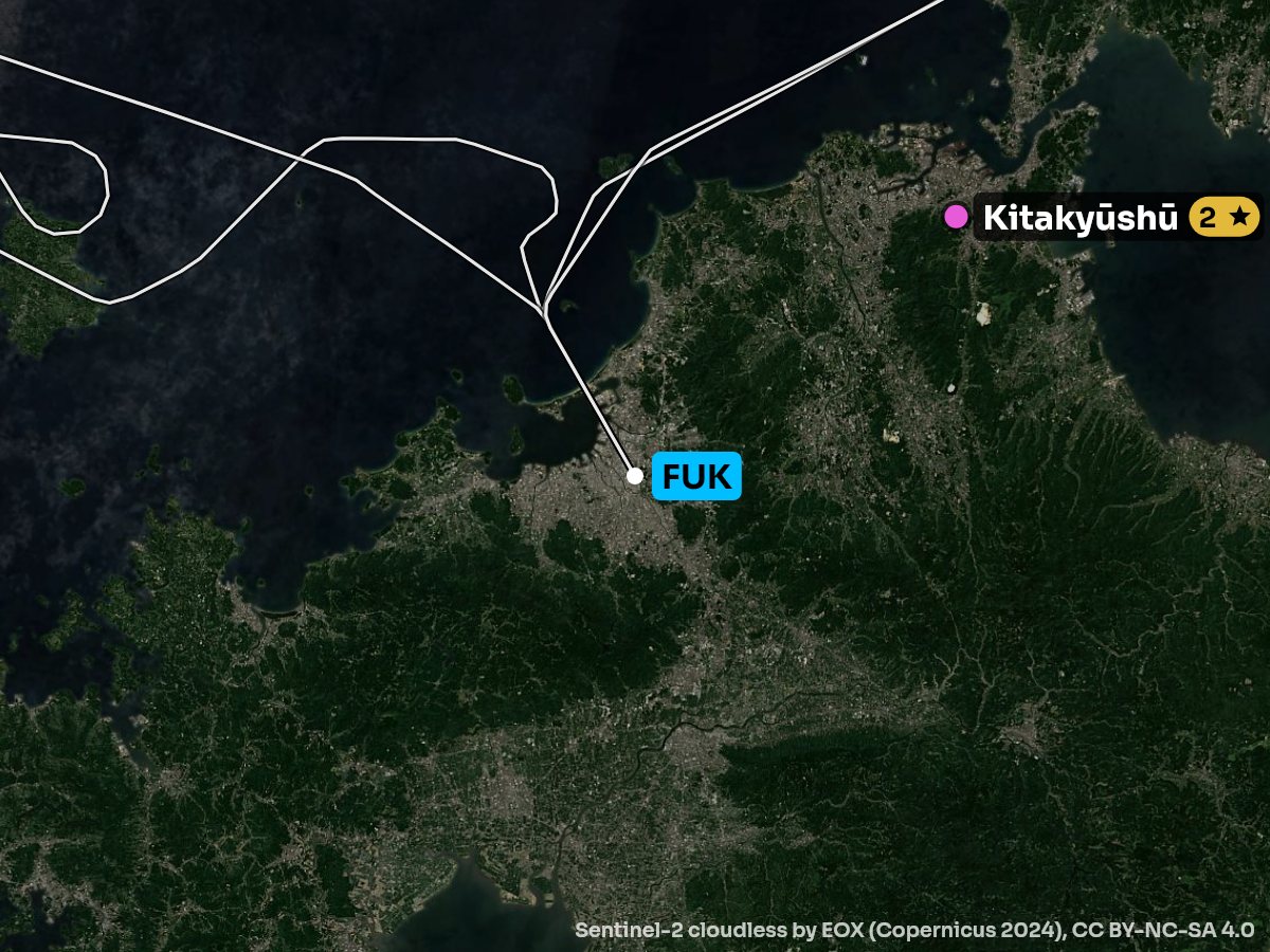 Satellite map of the approach into Fukuoka with the sights on each side