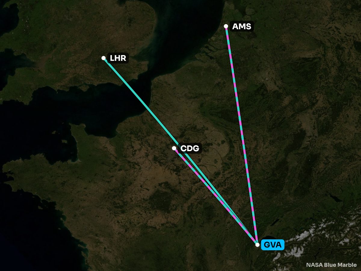Map of the 10 busiest nonstops from Geneva, coloured by the better side