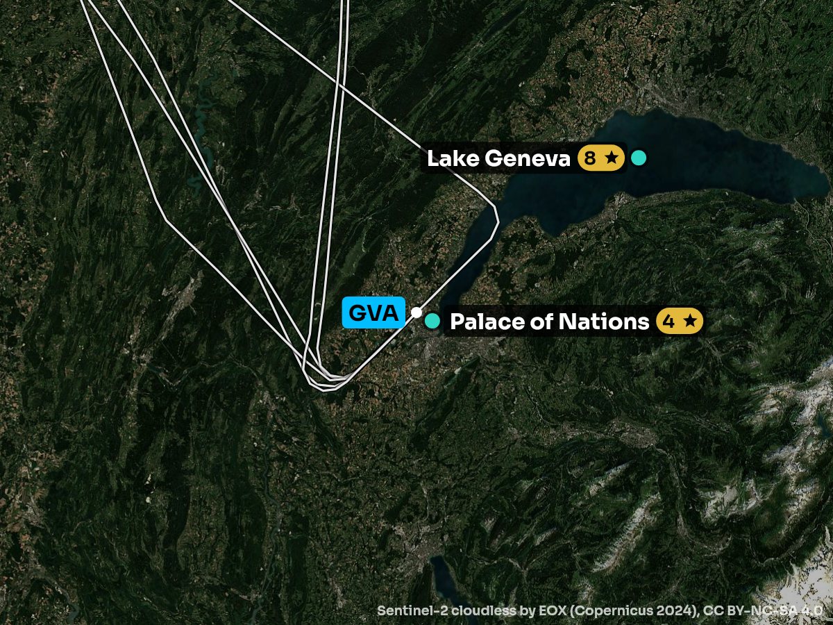 Satellite map of the climb out of Geneva with the sights on each side