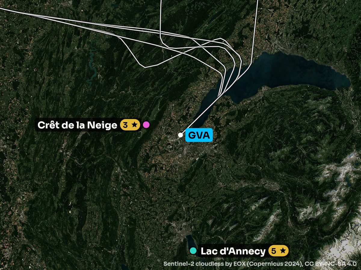 Satellite map of the approach into Geneva with the sights on each side