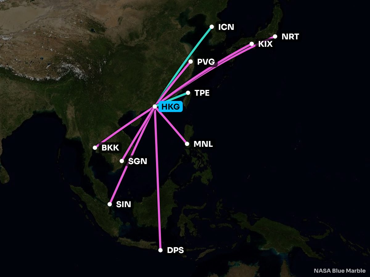 Map of every nonstop from Hong Kong, coloured by the better side