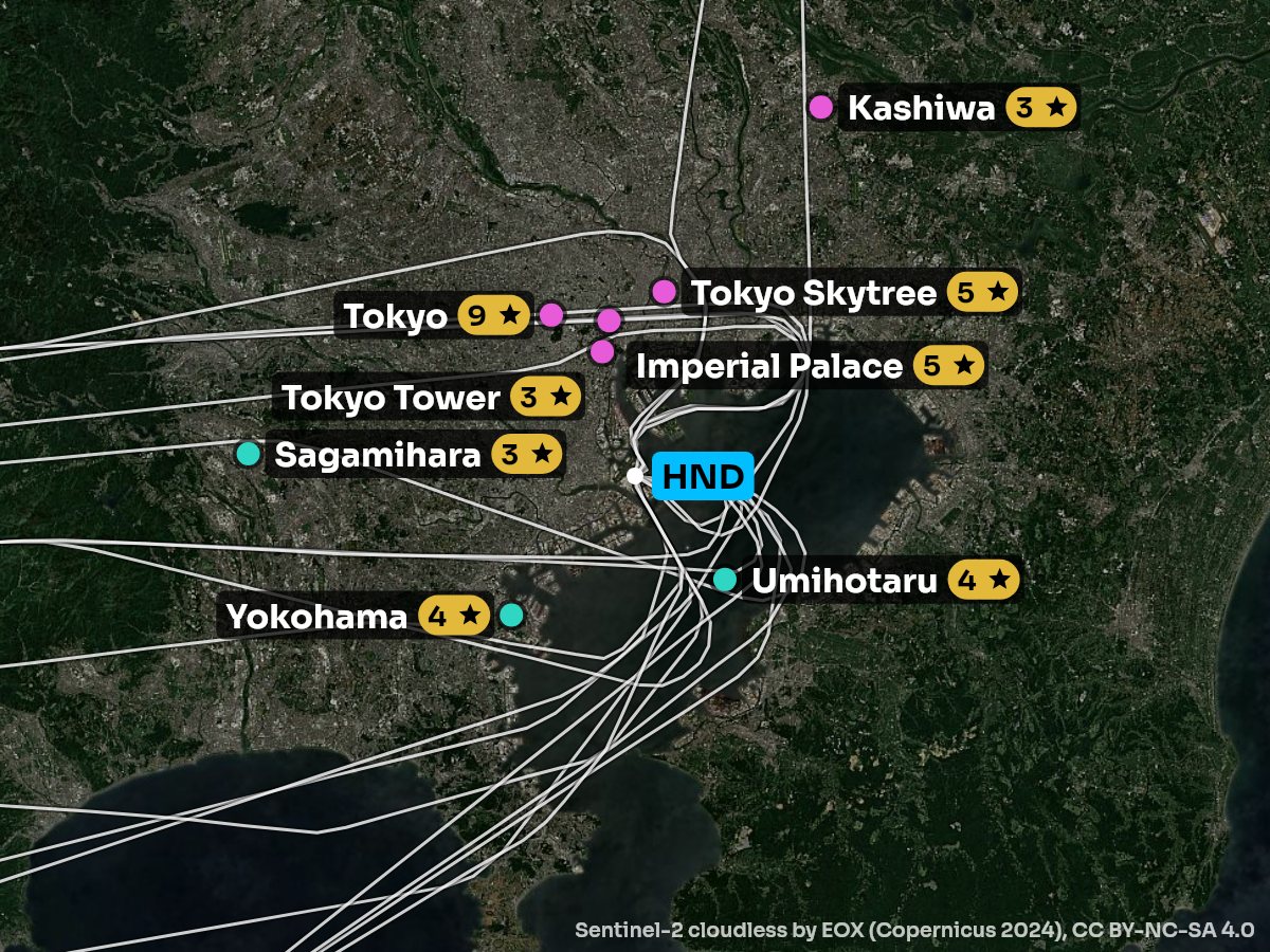 Satellite map of the climb out of Tokyo with the sights on each side