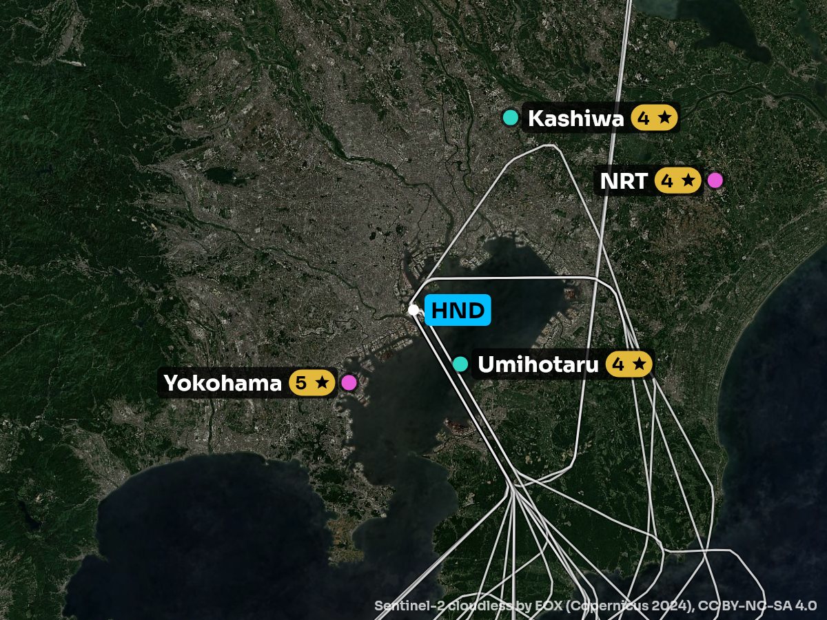 Satellite map of the approach into Tokyo with the sights on each side
