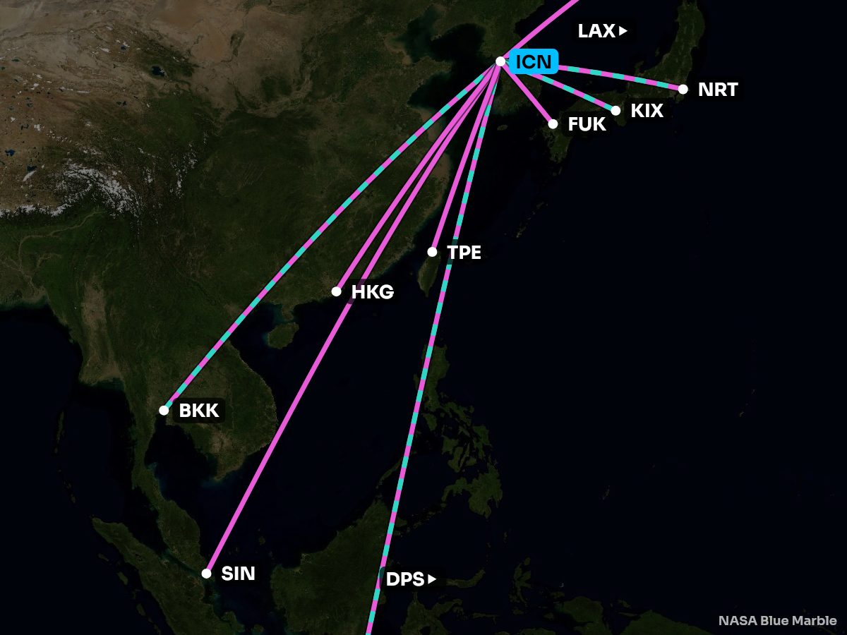 Map of the 10 busiest nonstops from Seoul, coloured by the better side
