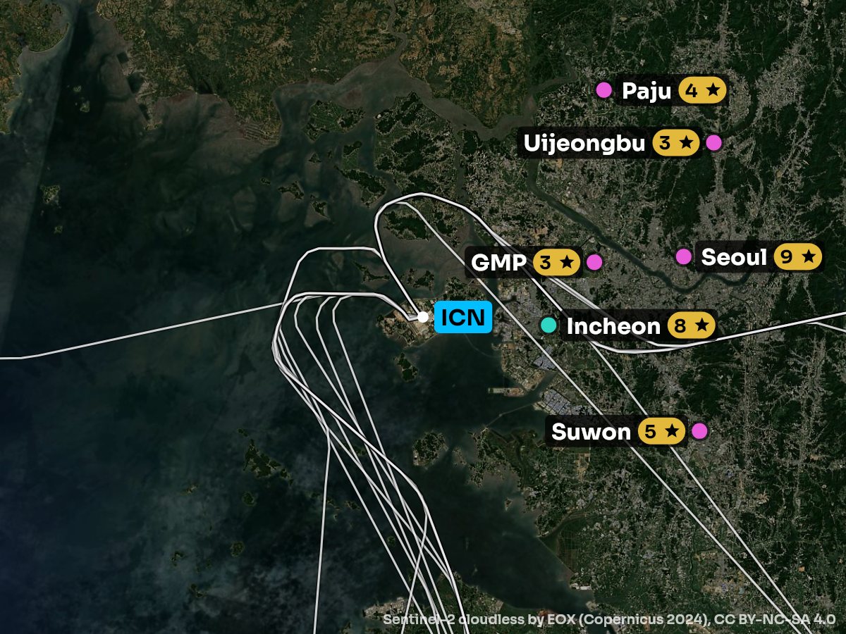 Satellite map of the climb out of Seoul with the sights on each side