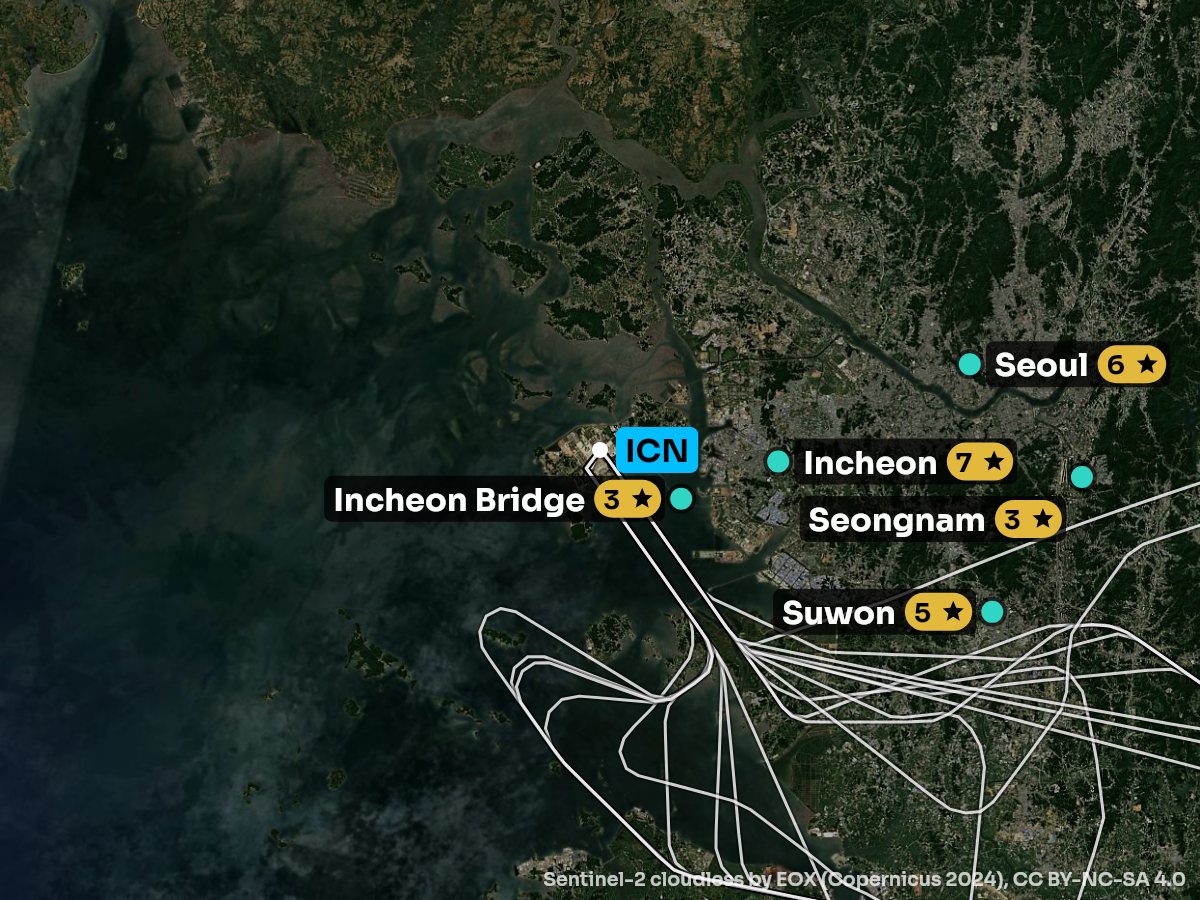 Satellite map of the approach into Seoul with the sights on each side