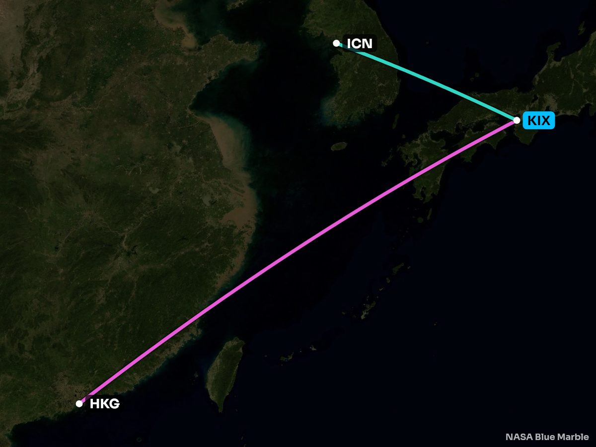 Map of the 10 busiest nonstops from Osaka, coloured by the better side