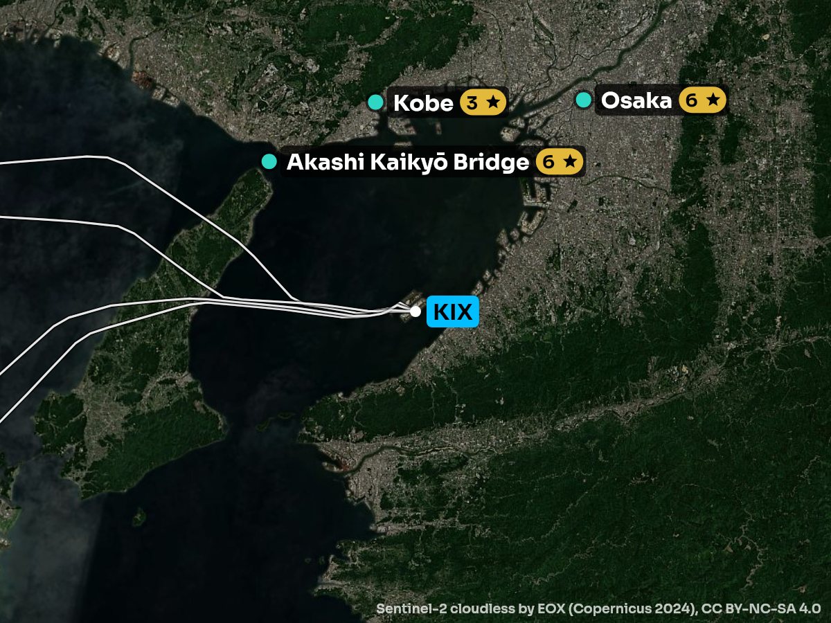 Satellite map of the climb out of Osaka with the sights on each side