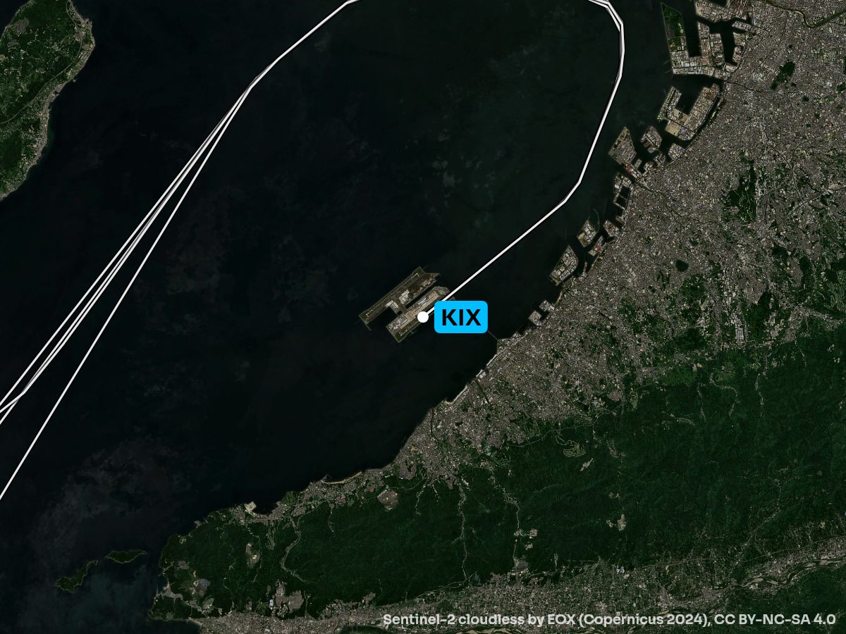 Satellite map of the approach into Osaka with the sights on each side