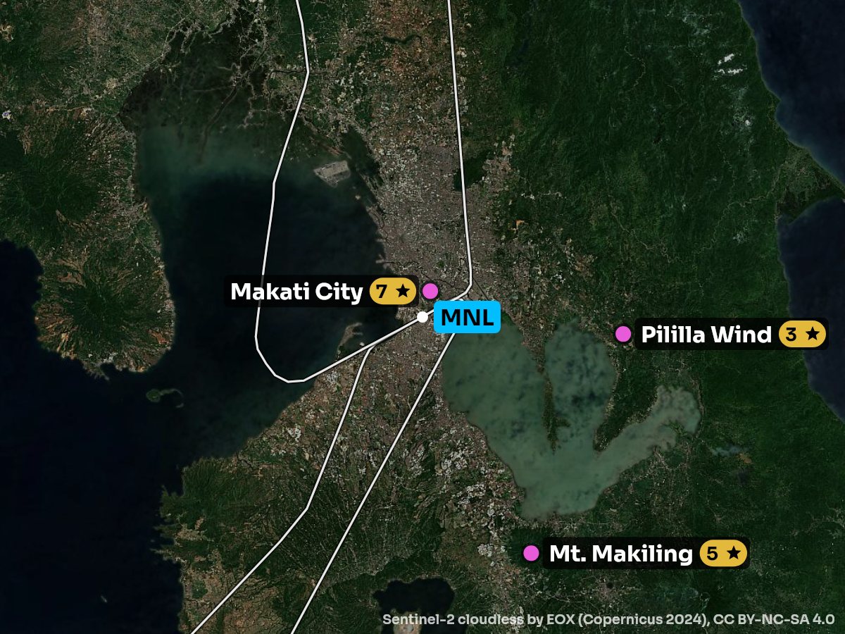 Satellite map of the climb out of Manila with the sights on each side