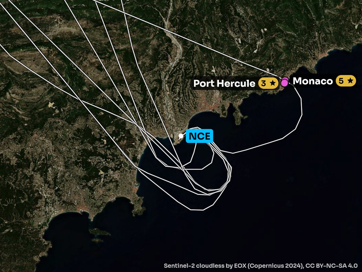 Satellite map of the climb out of Nice with the sights on each side