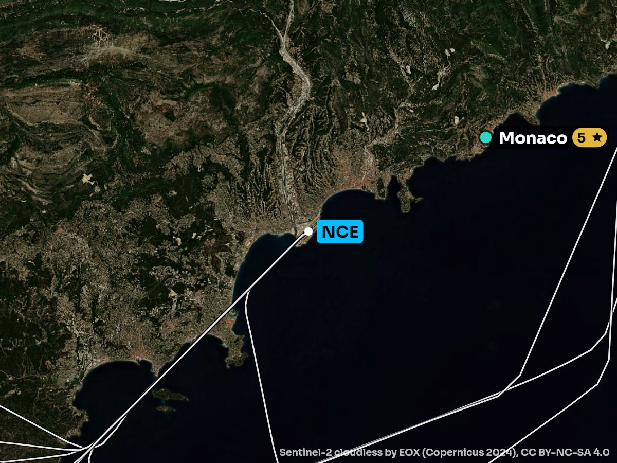 Satellite map of the approach into Nice with the sights on each side