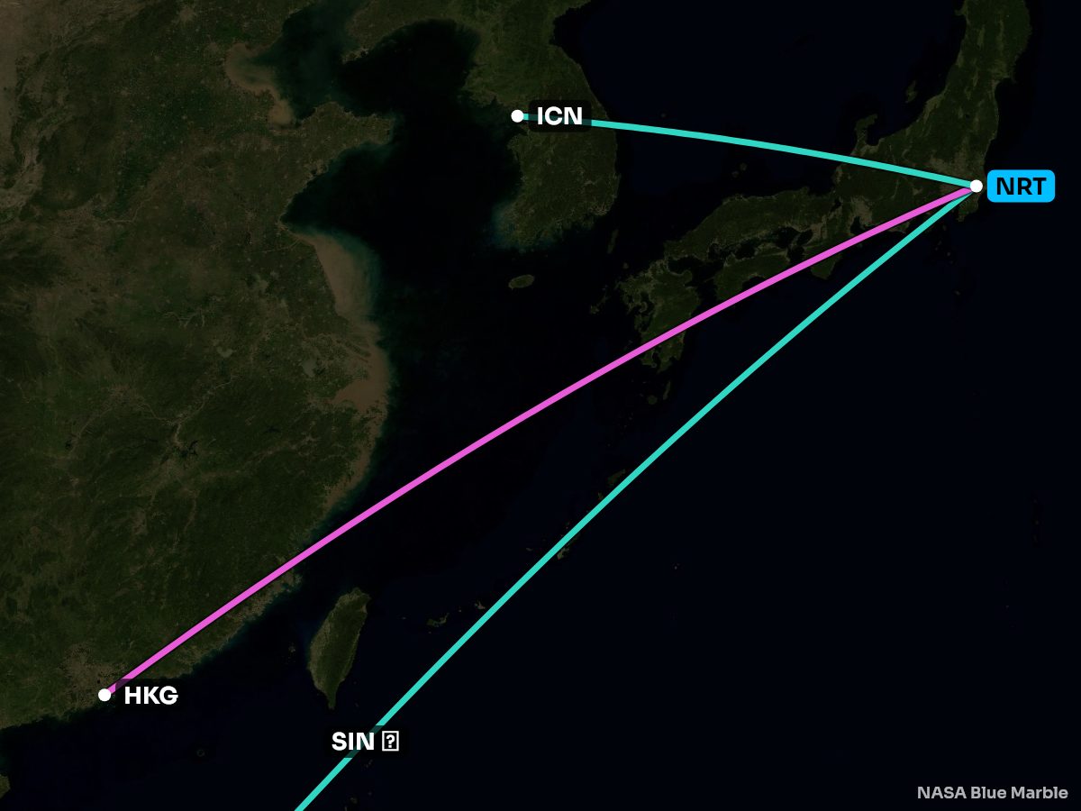 Map of every nonstop from Tokyo, coloured by the better side