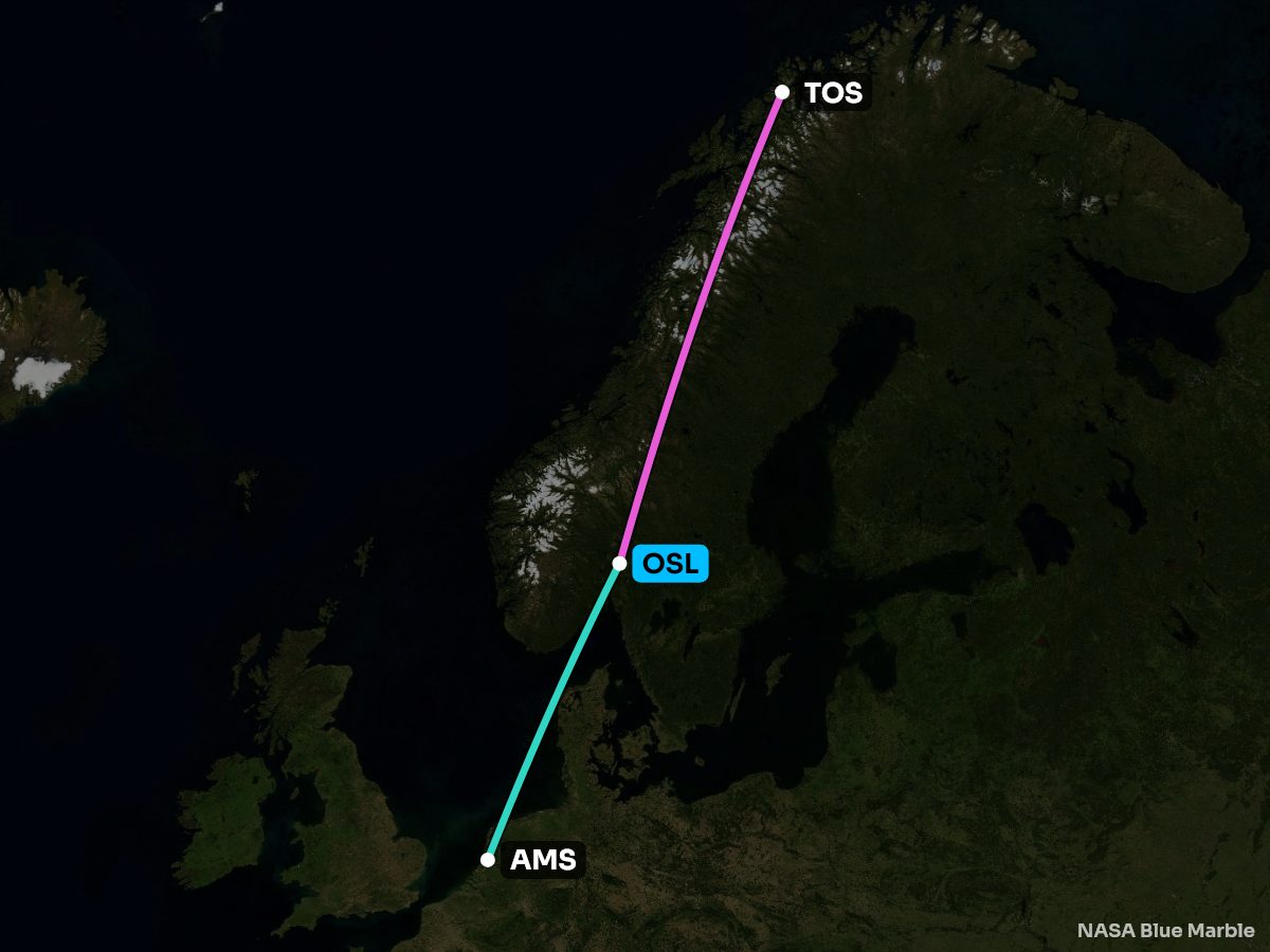 Map of every nonstop from Oslo, coloured by the better side