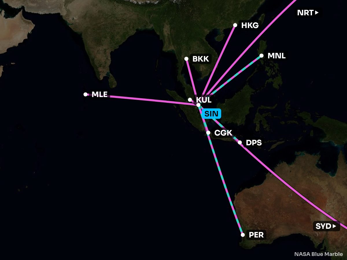 Map of the 10 busiest nonstops from Singapore, coloured by the better side
