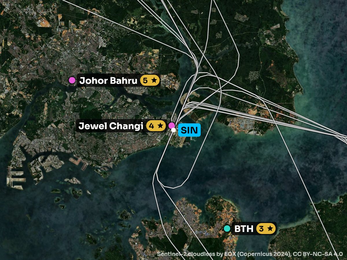 Satellite map of the climb out of Singapore with the sights on each side