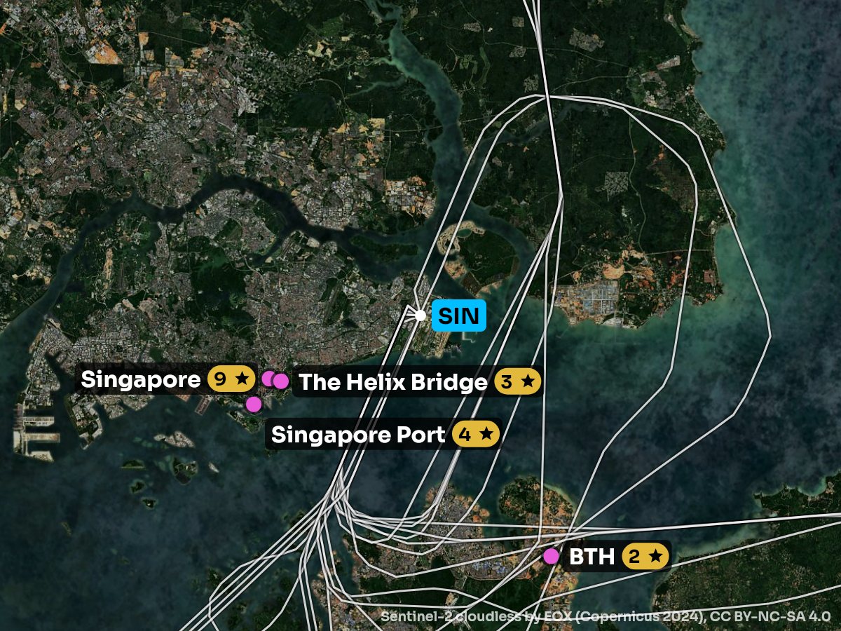 Satellite map of the approach into Singapore with the sights on each side