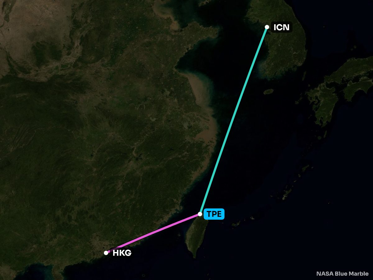 Map of every nonstop from Taipei, coloured by the better side