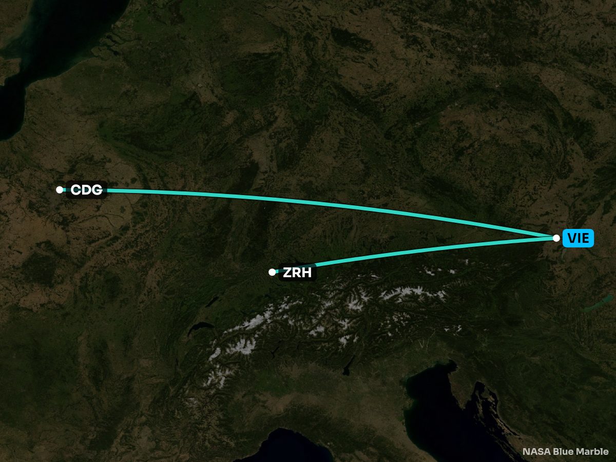 Map of every nonstop from Vienna, coloured by the better side