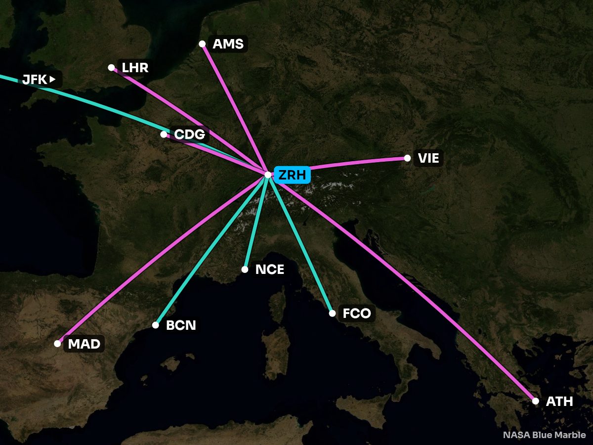 Map of every nonstop from Zurich, coloured by the better side