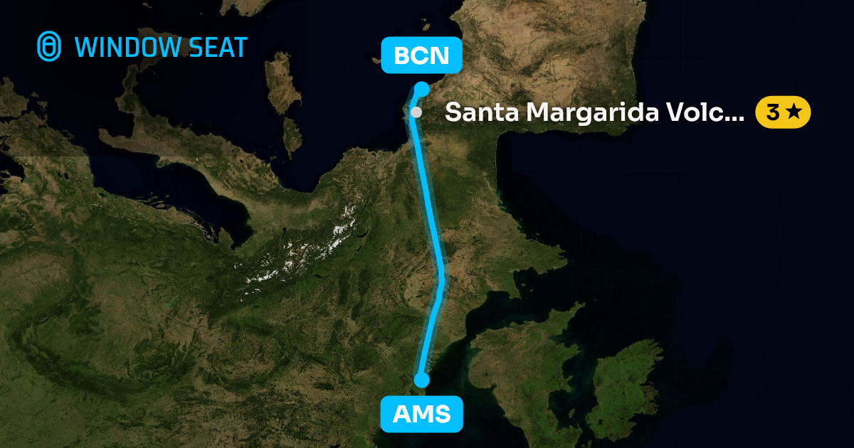 Map of the Amsterdam to Barcelona flight path with its landmarks on each side