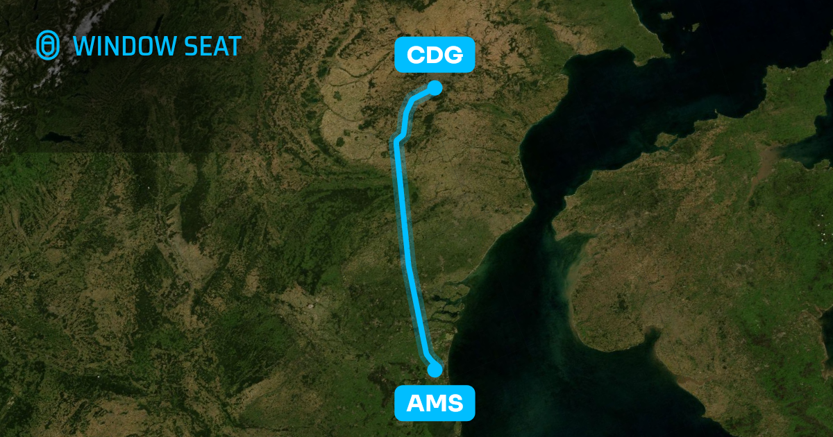 Map of the Amsterdam to Paris flight path with its landmarks on each side
