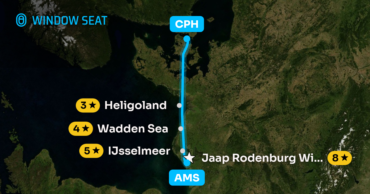 Map of the Amsterdam to Copenhagen flight path with its landmarks on each side