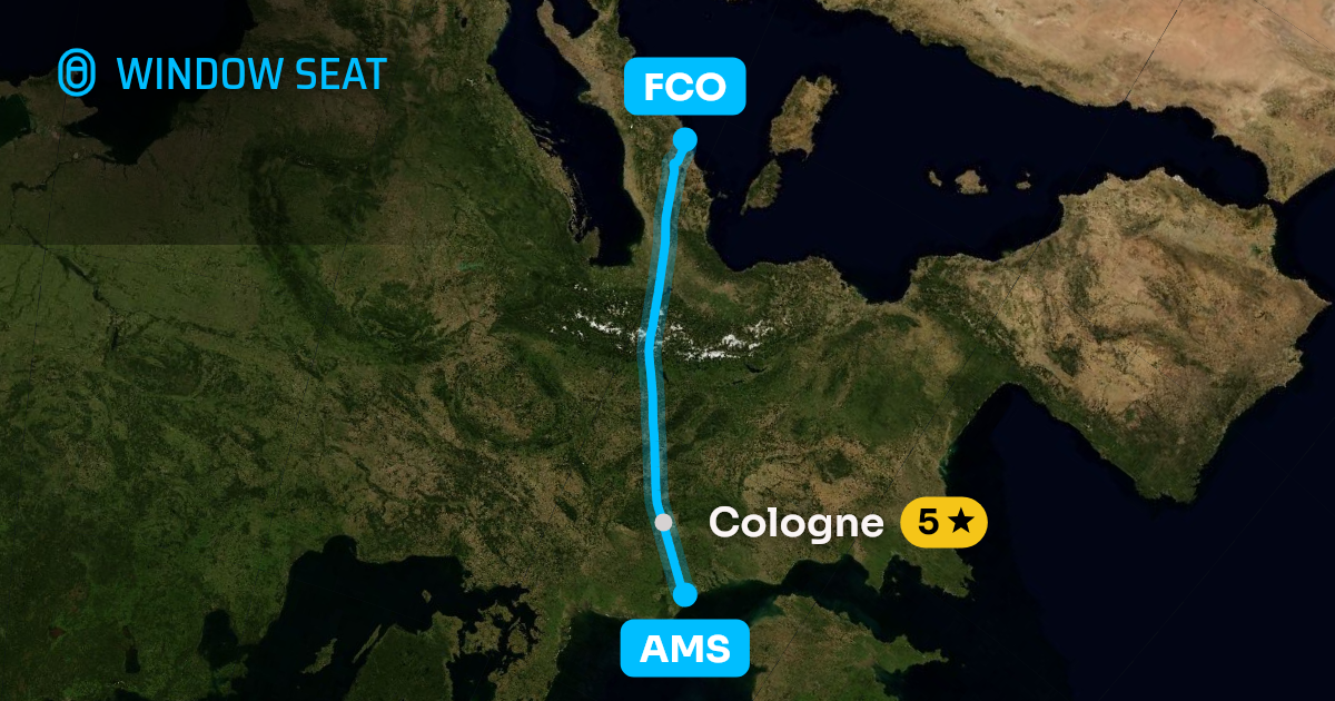 Map of the Amsterdam to Rome flight path with its landmarks on each side