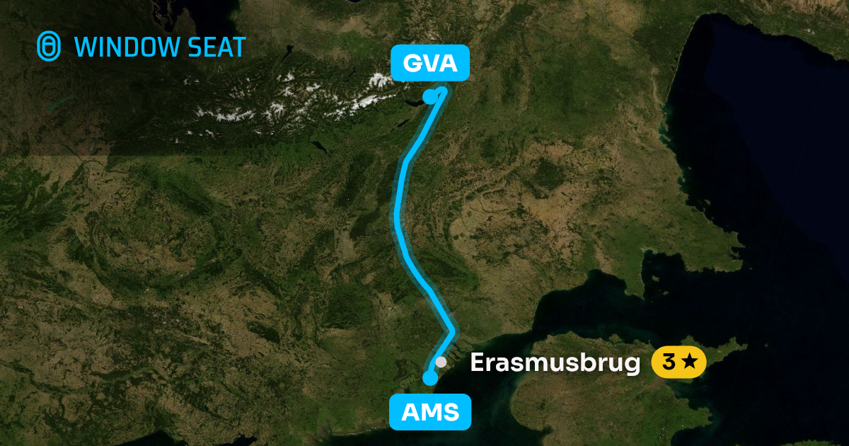 Map of the Amsterdam to Geneva flight path with its landmarks on each side