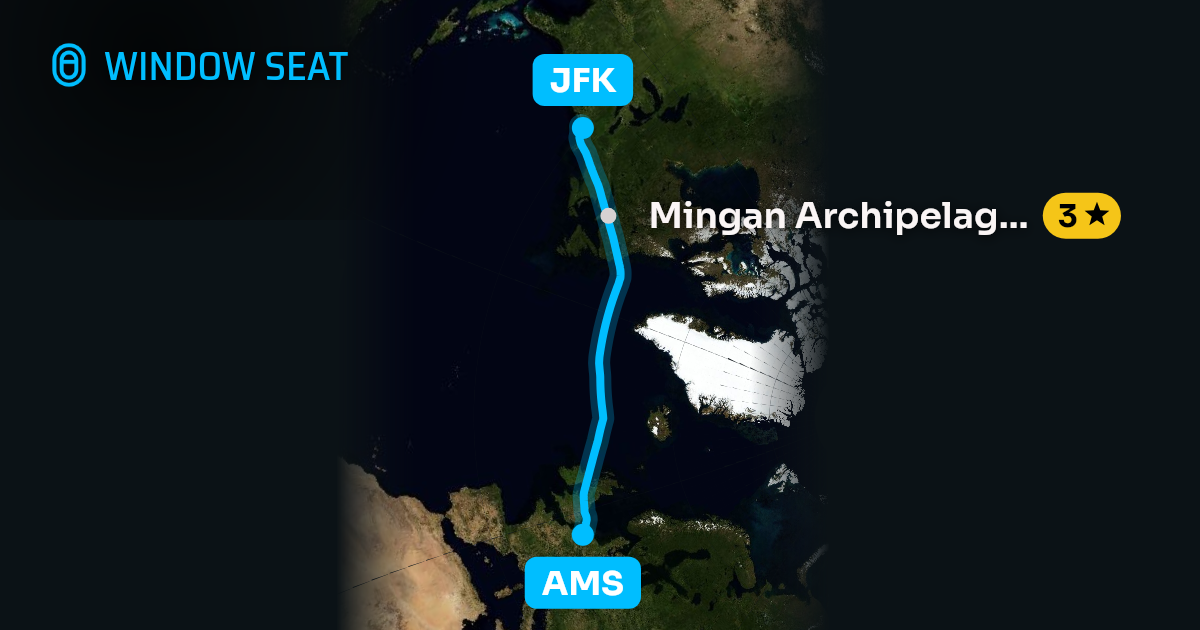 Map of the Amsterdam to New York flight path with its landmarks on each side
