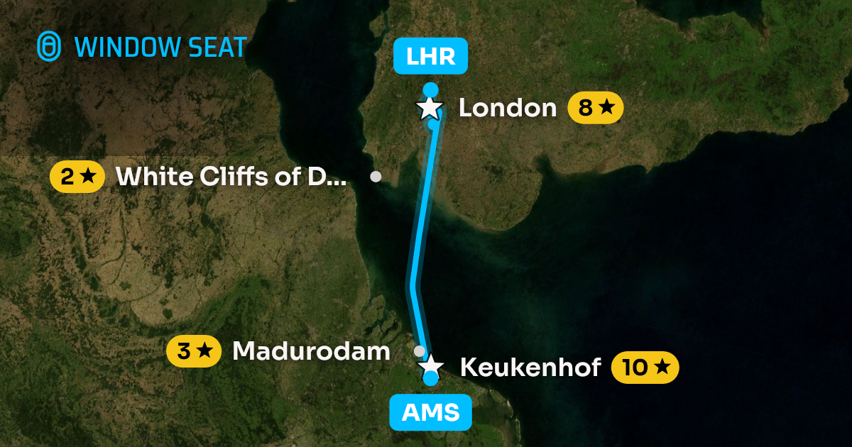 Map of the Amsterdam to London flight path with its landmarks on each side