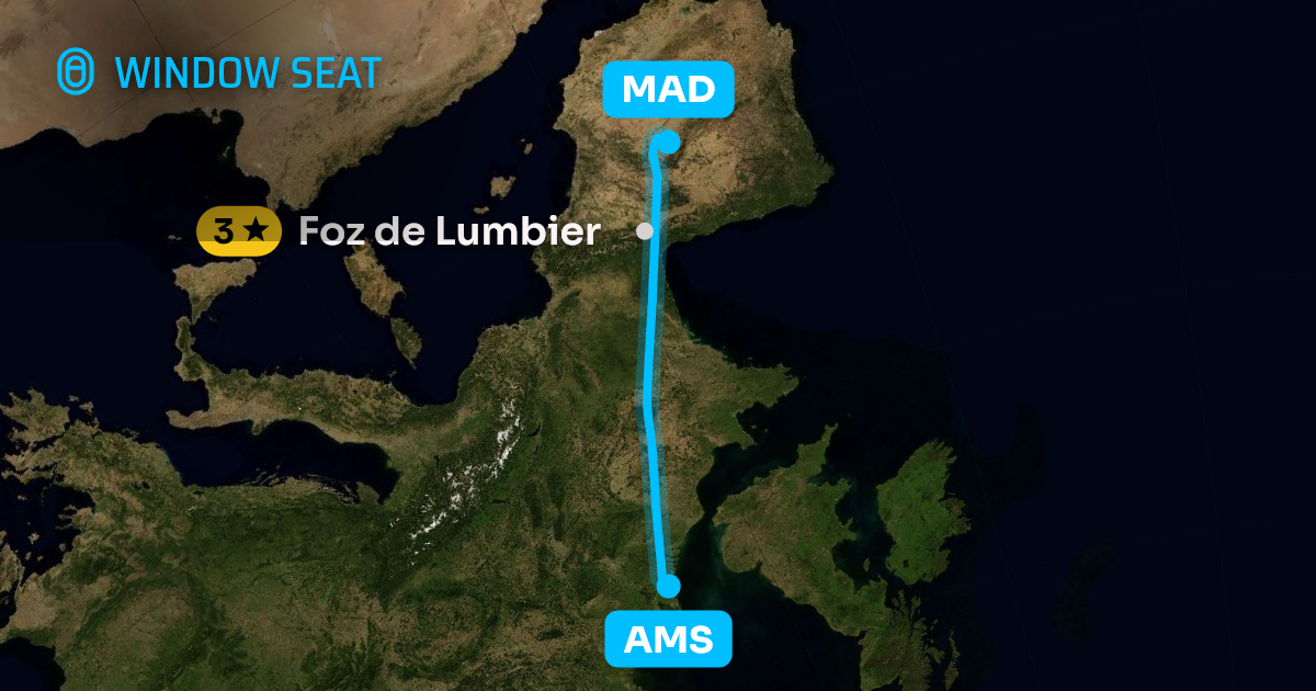 Map of the Amsterdam to Madrid flight path with its landmarks on each side
