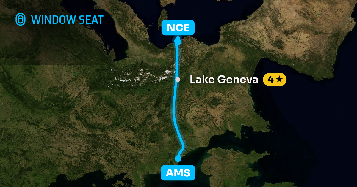 Map of the Amsterdam to Nice flight path with its landmarks on each side