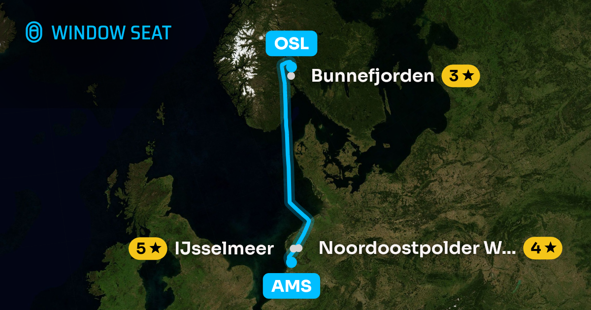 Map of the Amsterdam to Oslo flight path with its landmarks on each side