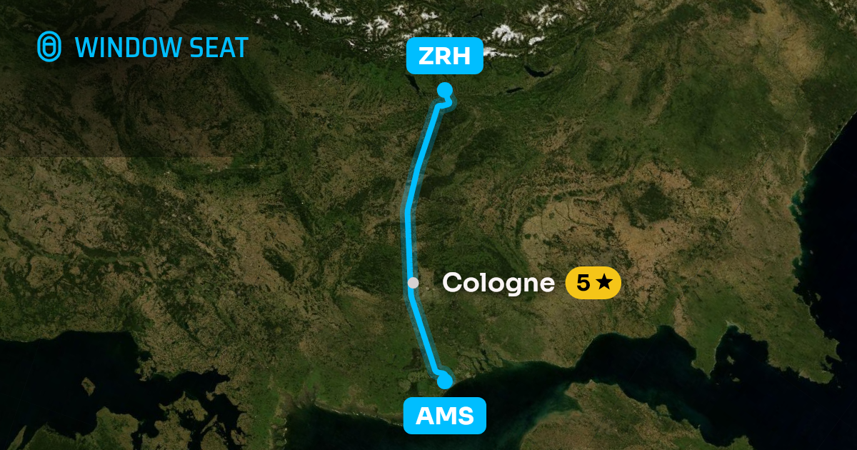 Map of the Amsterdam to Zurich flight path with its landmarks on each side