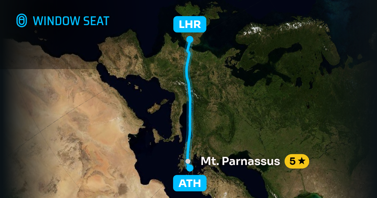 Map of the Athens to London flight path with its landmarks on each side